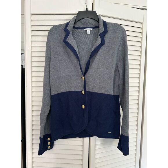 Nautica Navy Gray Colorblock Sweater Jacket Cardigan Gold Buttons, Sz Large - Picture 1 of 12